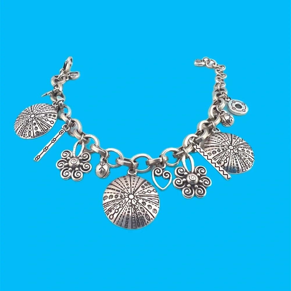 Brighton Silver Plated Charm Bracelet with 13 Charms 7'-8.5 Silver Disks
